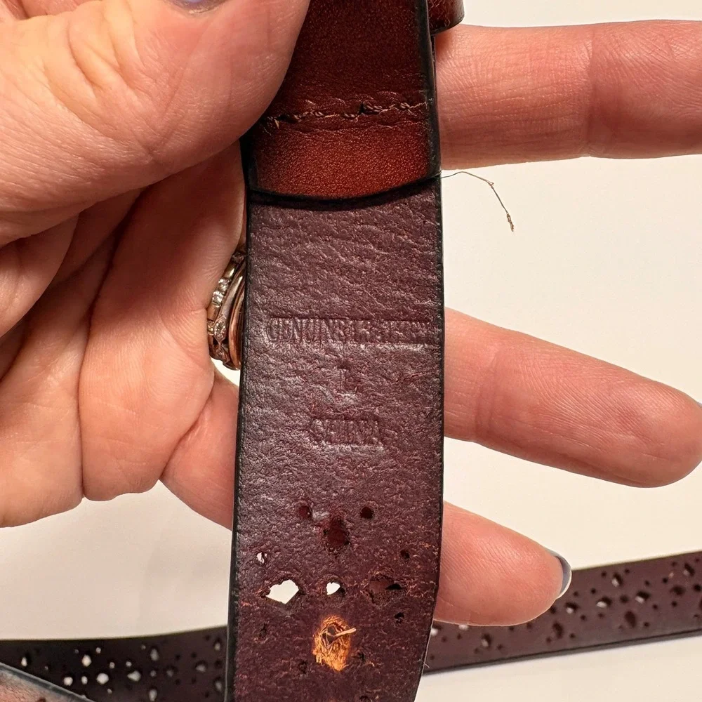 Womens Brown Leather Cutout Belt‎ Large Brass Buckle Boho Western Rustic Cowgirl